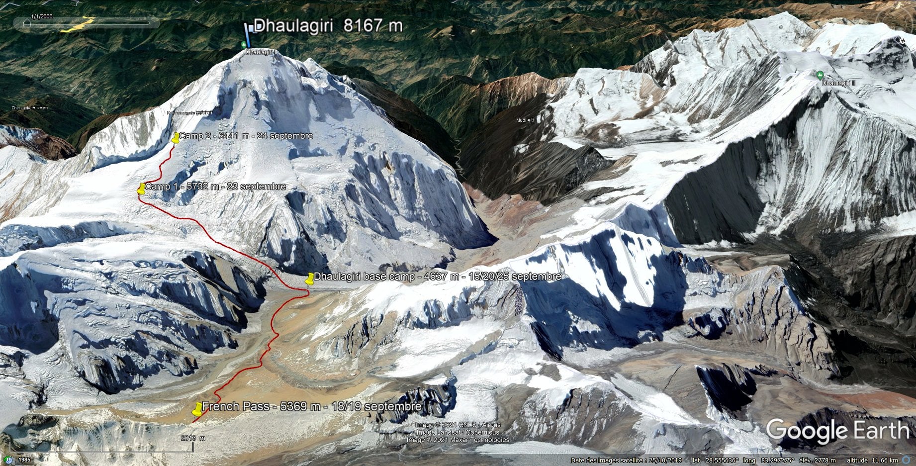 Ascent route on Mount Dhaulagiri