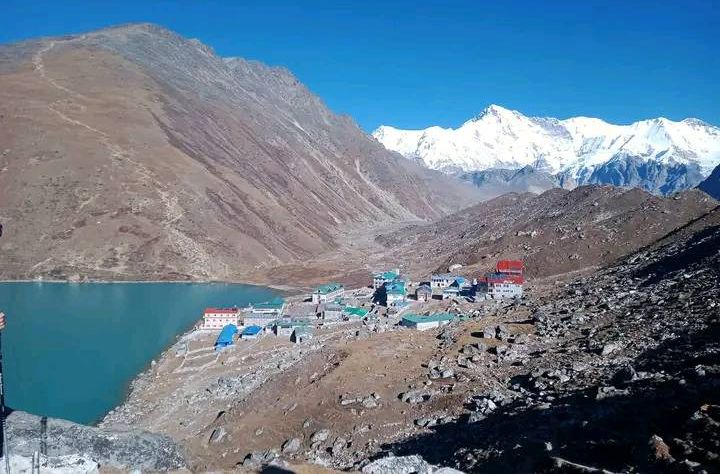 Gokyo Ri and Cho Oyu from Gokyo Village