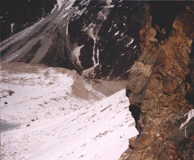 Descending cliffs to Glacier Lake below Tilman's Pass in the Jugal Himal