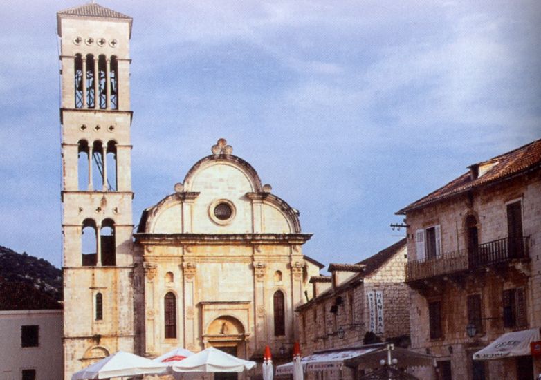 Bell Tower of the Cathedral in Havar Town on Hvar Island on Dalmatian Coast of Croatia