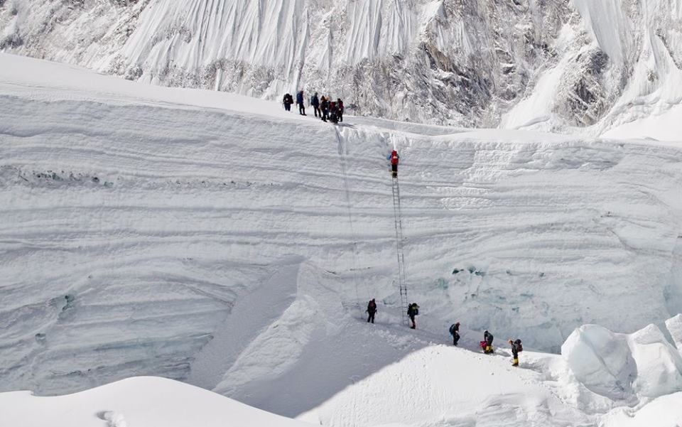 Climbers ascending the Khumbu Ice Fall on the South Col Route for Mount Everest