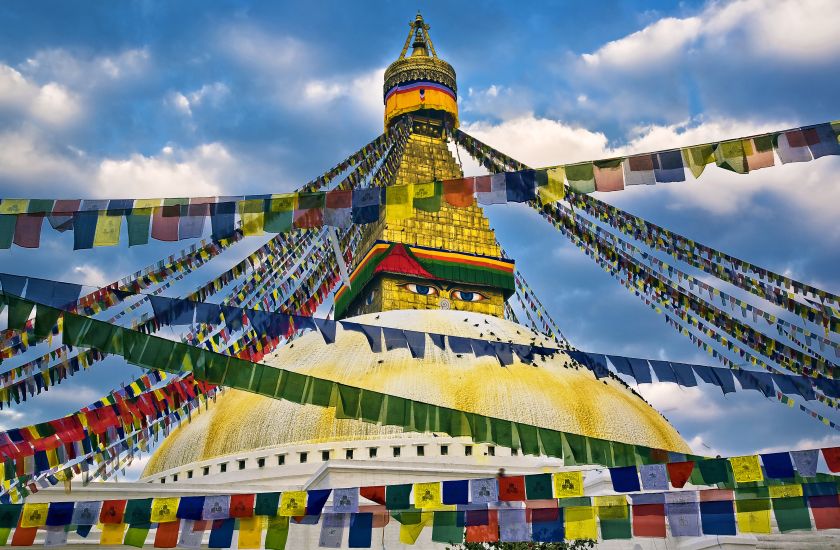 Prayer Flags on Buddhist Stupa at Bodnath ( Baudhanath ) in Kathmandu