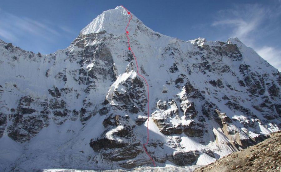 North Face ascent route on Chang Himal / Wedge Peak from above Pang Pema in the Kangchenjunga Region of the Nepal Himalaya