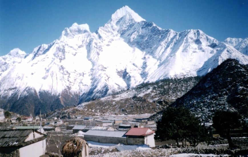 Kang Taiga and Thamserku from Khumjung in the Khumbu Region of the Nepal Himalaya