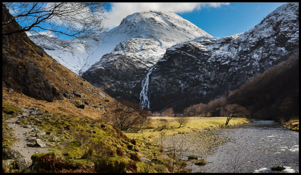 Steall waterfall in Glen Nevis beneath An Gearanach in the Mamores above Glen Nevis