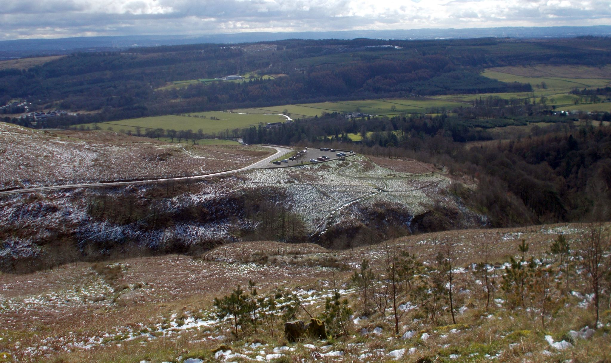 Car park at viewpoint on Crow Road above Campsie Glen in the Campsie Fells