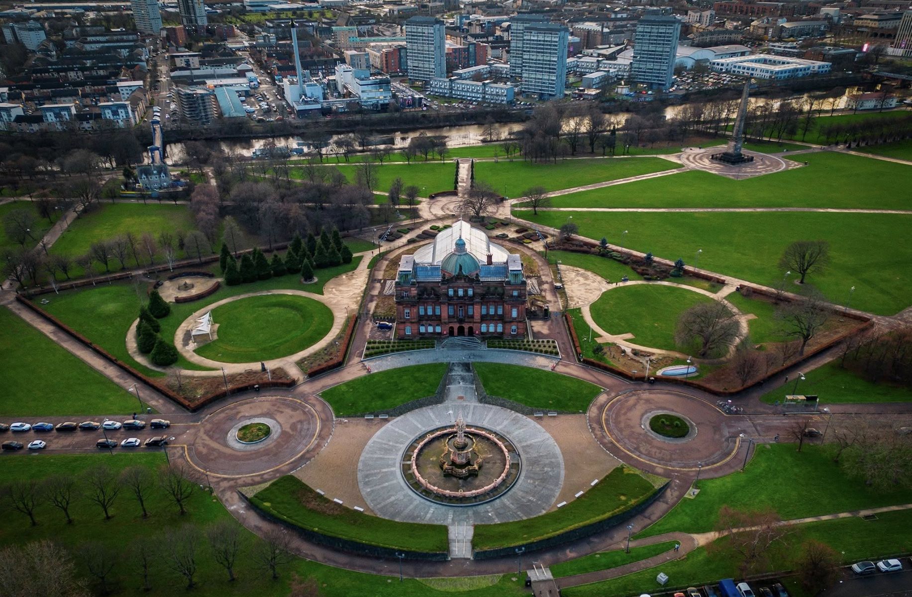 Aerial view of People's Palace in Glasgow Green