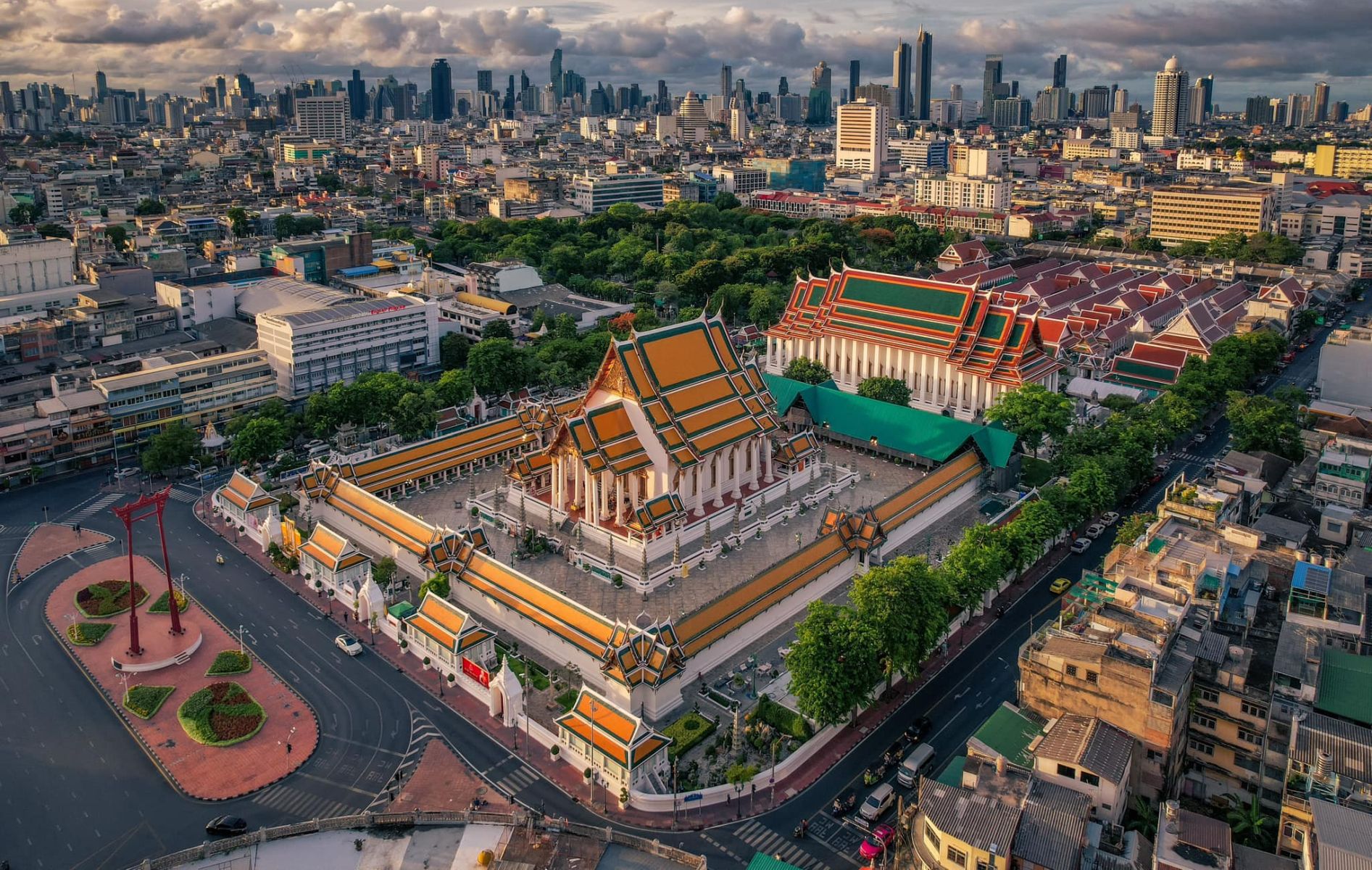 Aerial view of Wat Suthat and Giant Swing in Bangkok