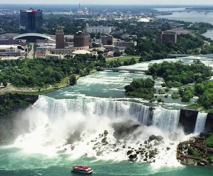 The American Falls, The Bridal Veil Falls, and the Maid of the Mist boat at Niagara Falls